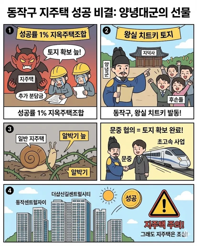지옥주택조합의 성지 동작구: 성공 비결은 양녕대군 후손에게 있었다? — 카드뉴스 2/7